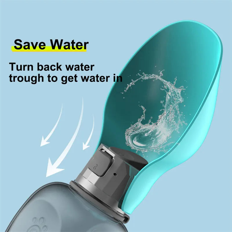 Blue grey portable dog water bottle with foldable drinking bowl extended, showing lock key.
