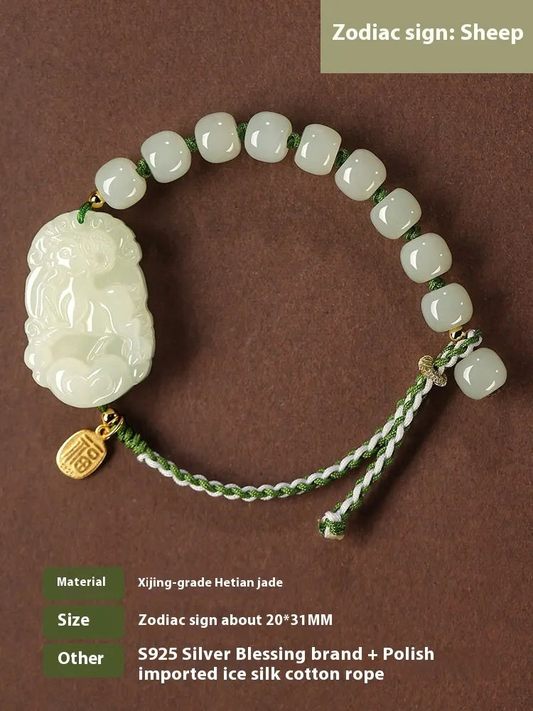 Rabbit Chinese zodiac bracelet with Hetian jade charm and silver card on a red rope.