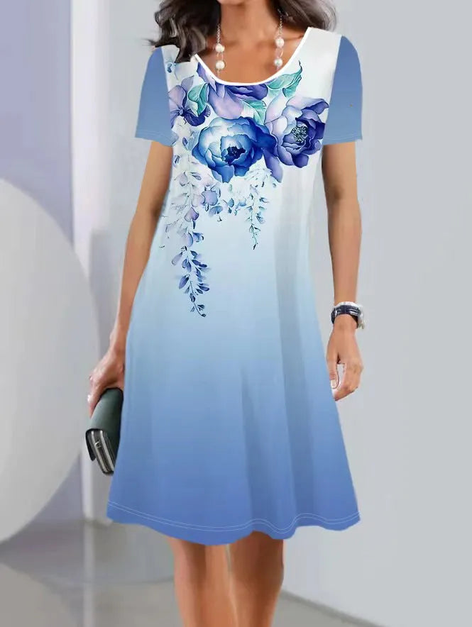 Light blue floral print Ice Silk summer dress with round neck and short sleeves on a mannequin.