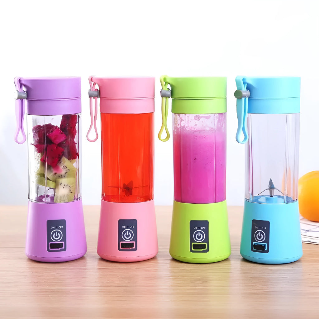 Portable USB rechargeable blender with six blades in blue colour showing 380ml measurement markings