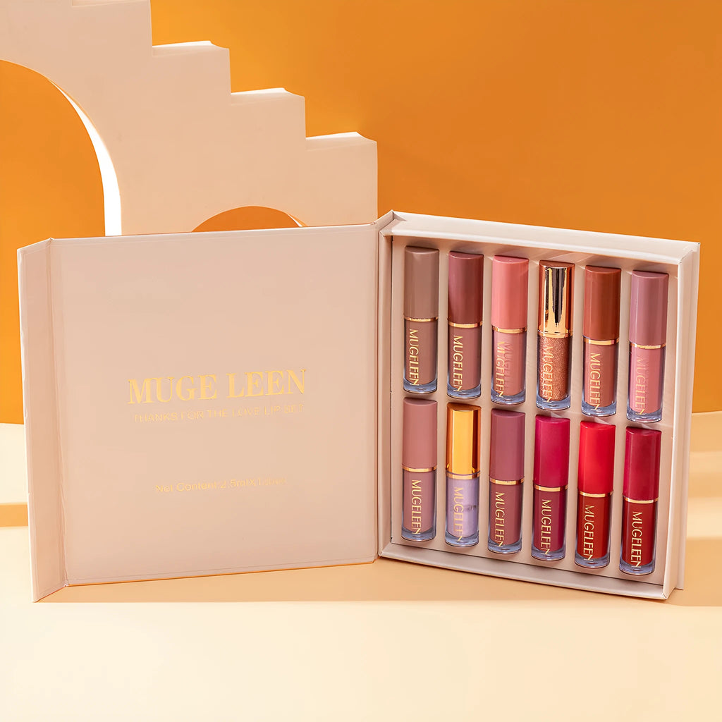 12-piece matte shimmer lip glaze set with non-transfer fade-resistant colours in neutral skin tone shades