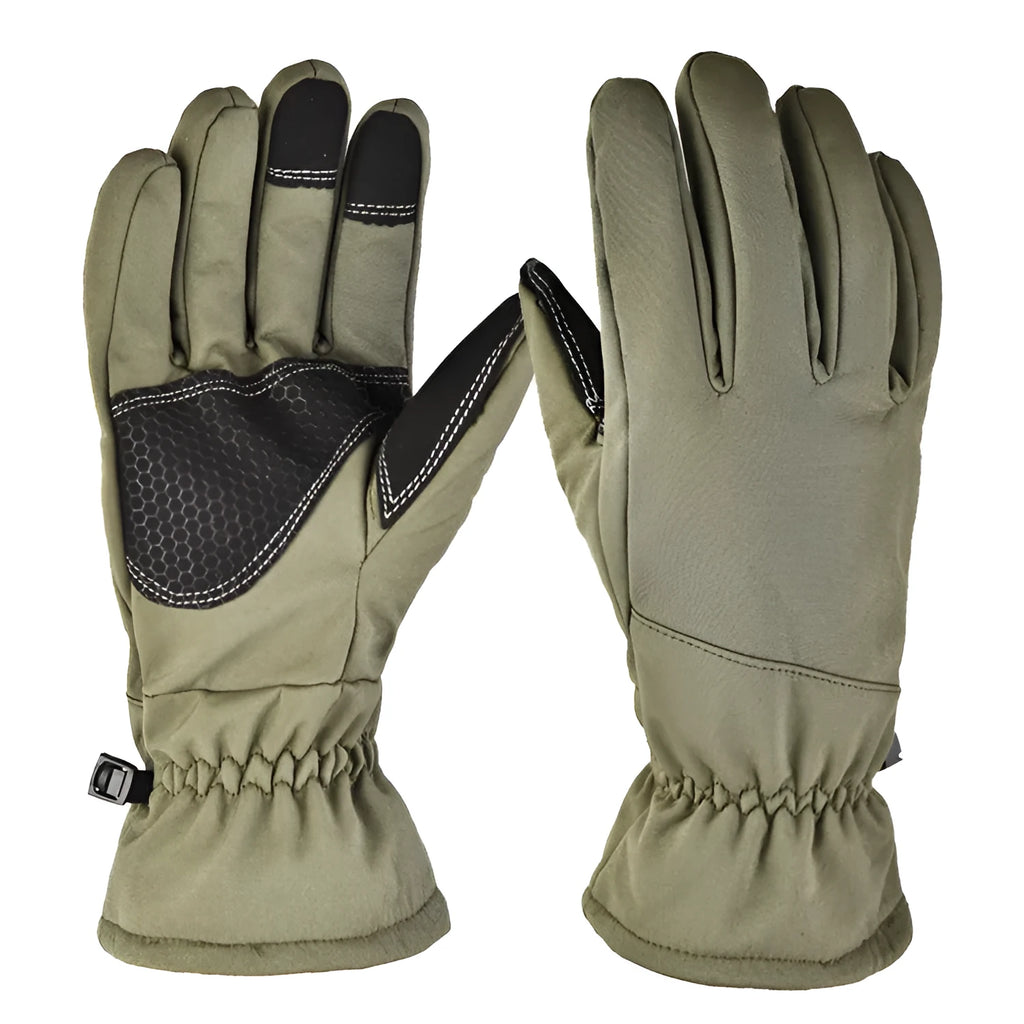 A pair of tactical-style nylon ski gloves with touchscreen fingertips and anti-slip palm grip.