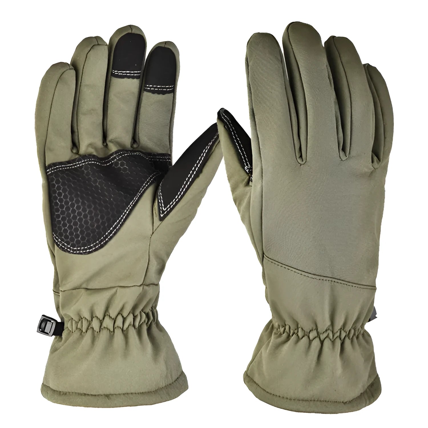 A pair of tactical-style nylon ski gloves with touchscreen fingertips and anti-slip palm grip.