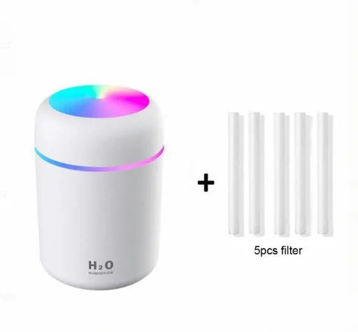 Pink, white or navy blue car humidifier with USB cable and colourful LED lights