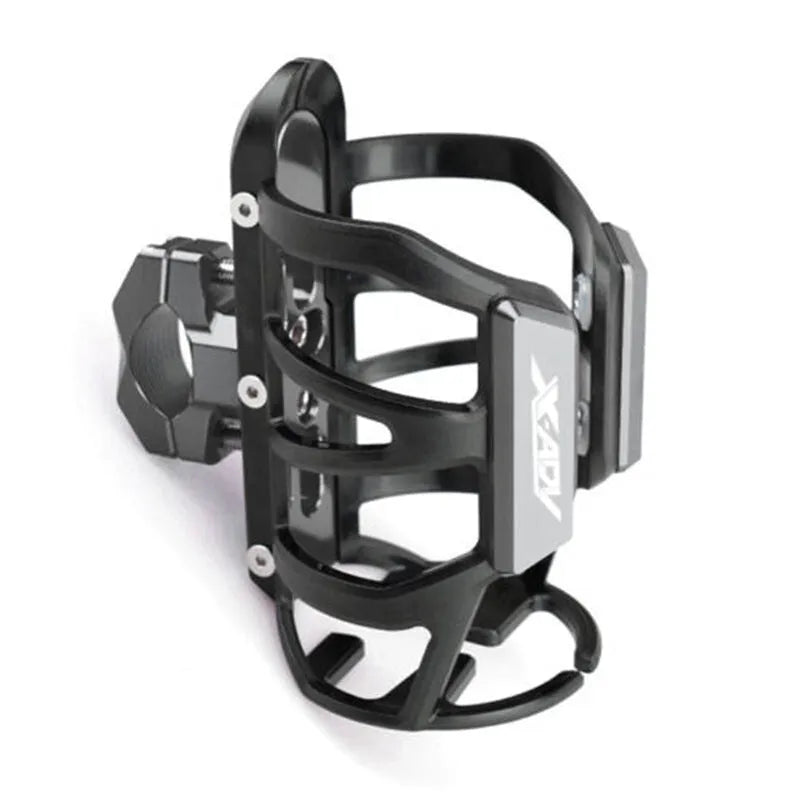 Modified black water bottle cage mounted on a Honda X-ADV scooter bumper.