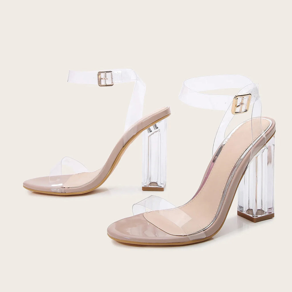 Apricot women's high heel sandals with a clear glass heel and buckle fastening.