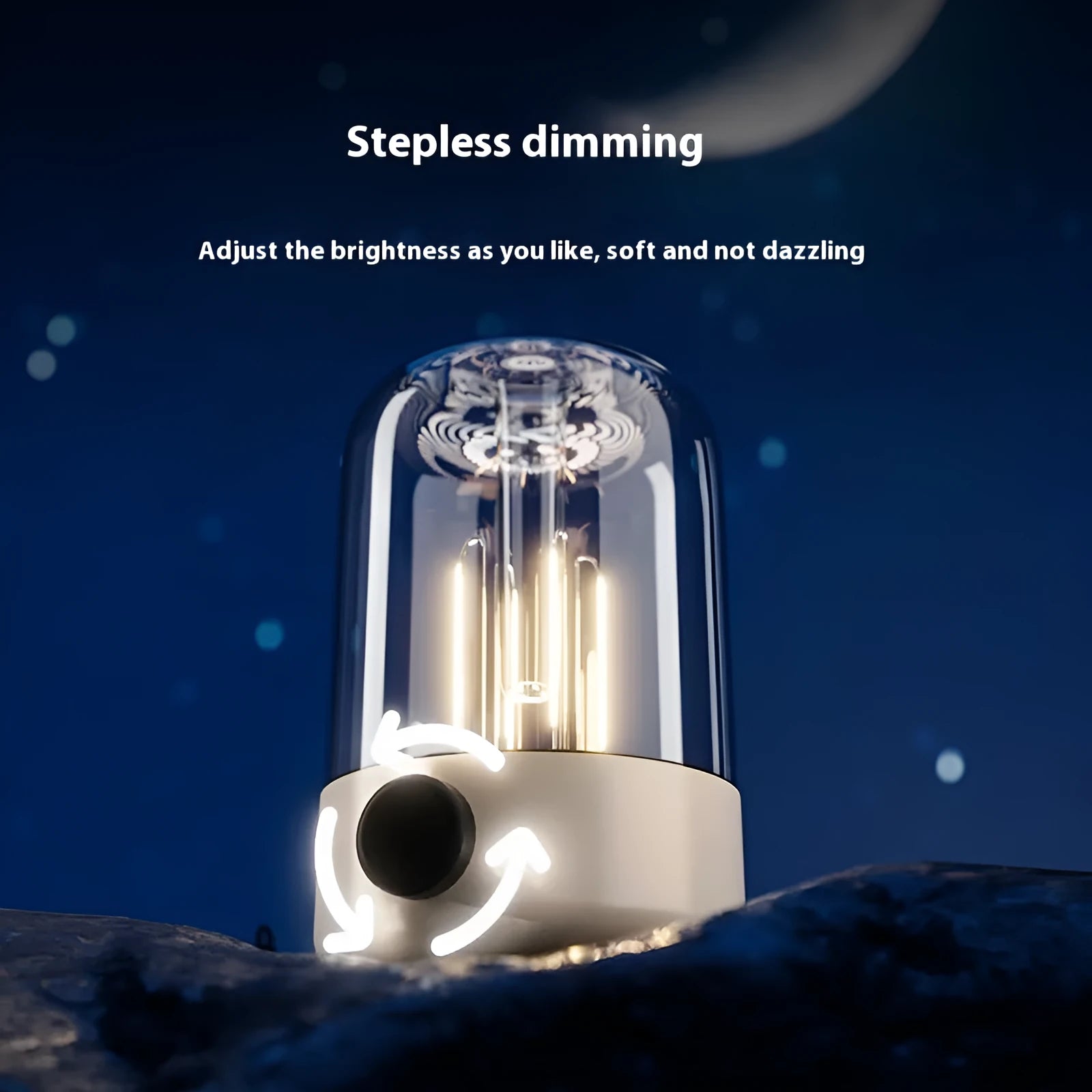 Beige and black camping lantern with LED and tungsten lights, charging function, and USB output port