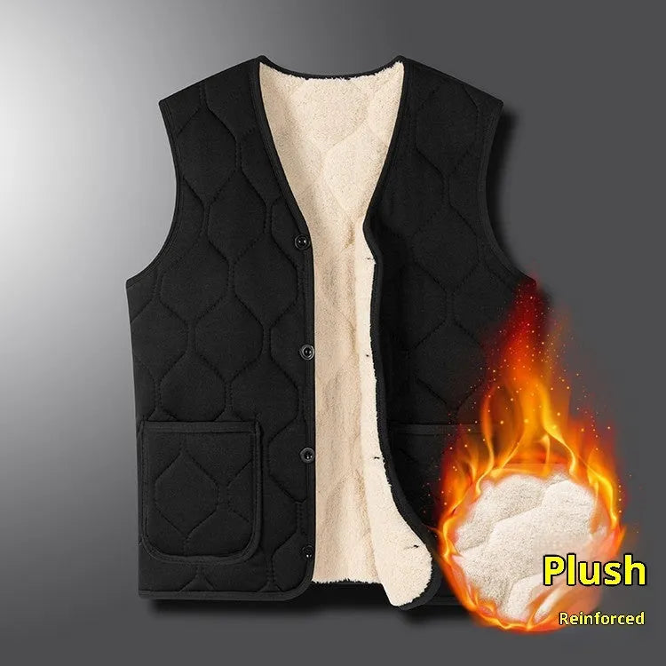 Middle-aged men's fleece-lined thick cotton blend vest in solid colour cardigan style no hood black and grey