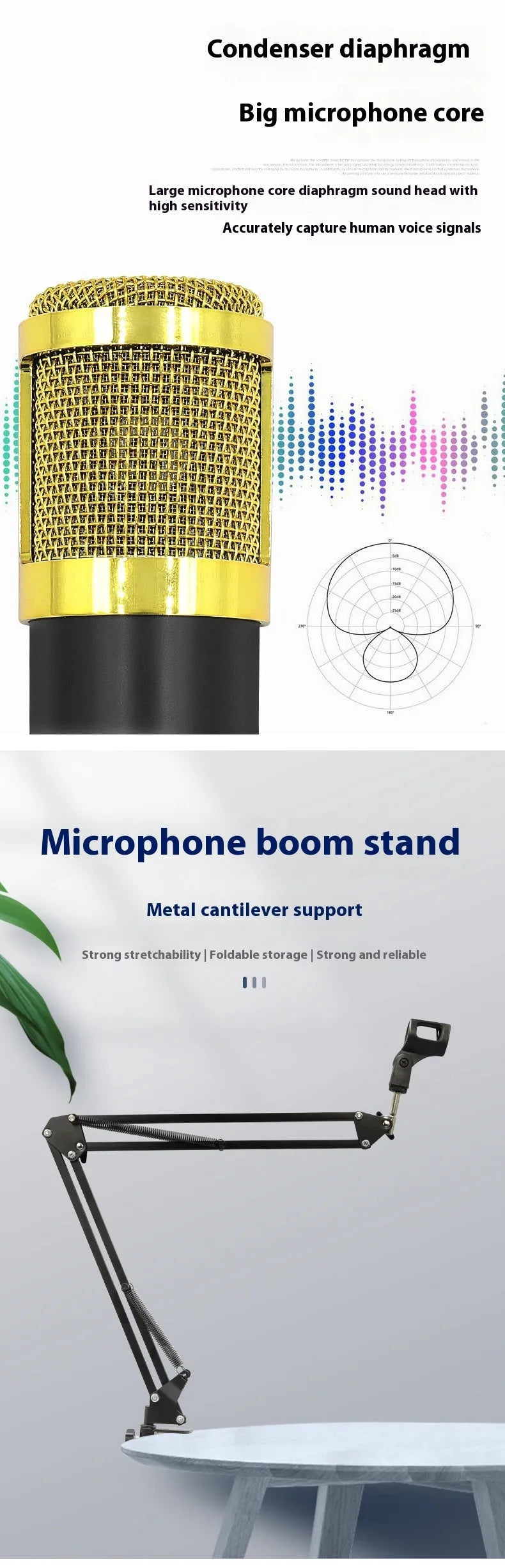 BM800 capacitor microphone set with cantilever bracket for mobile phone recording in black and gold colour