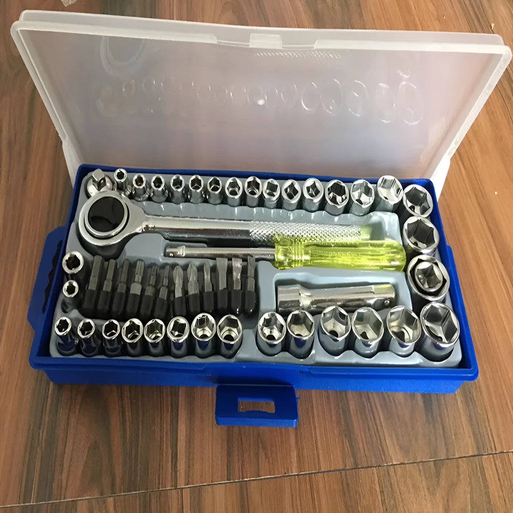 50-piece hexagonal spanner sleeve set in mirror-finished carbon steel with metric and British sockets