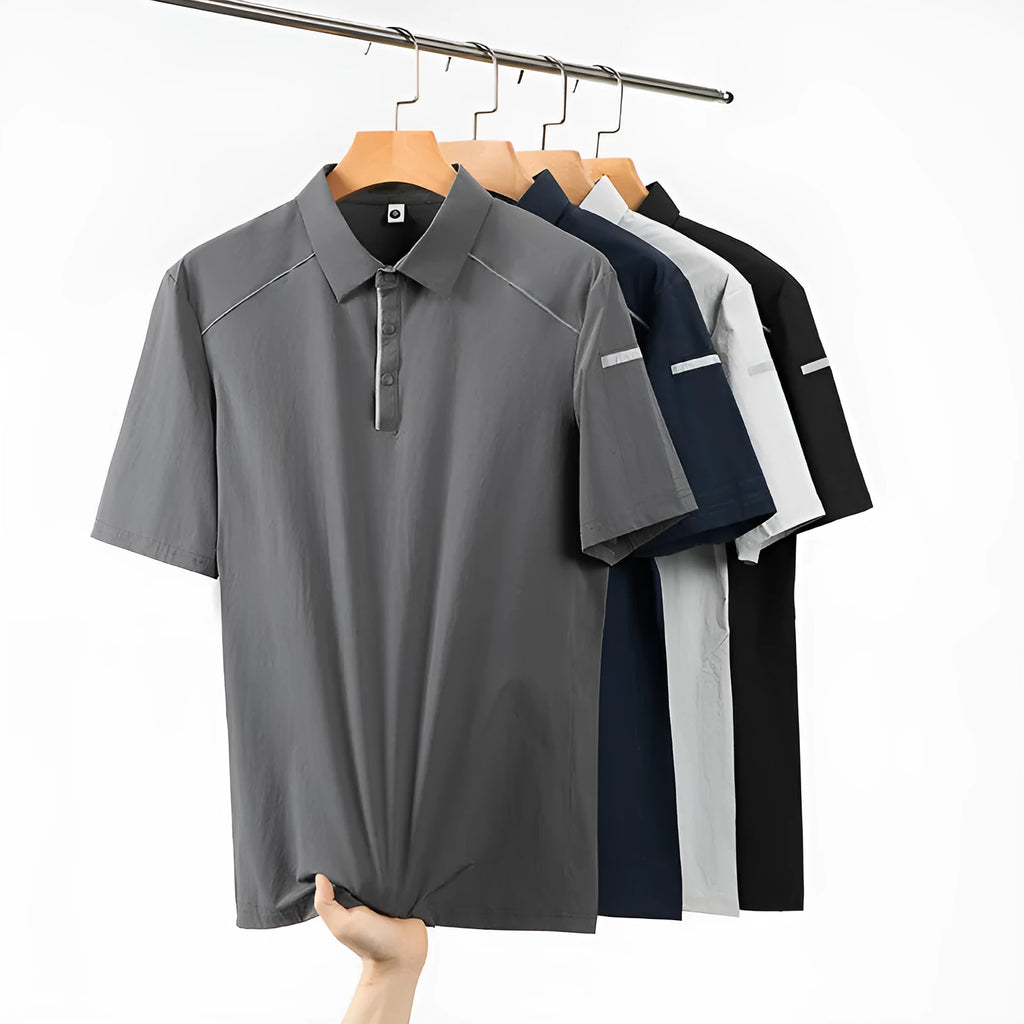 Men's solid colour quick-dry polo shirt with short sleeves and a slit detail.