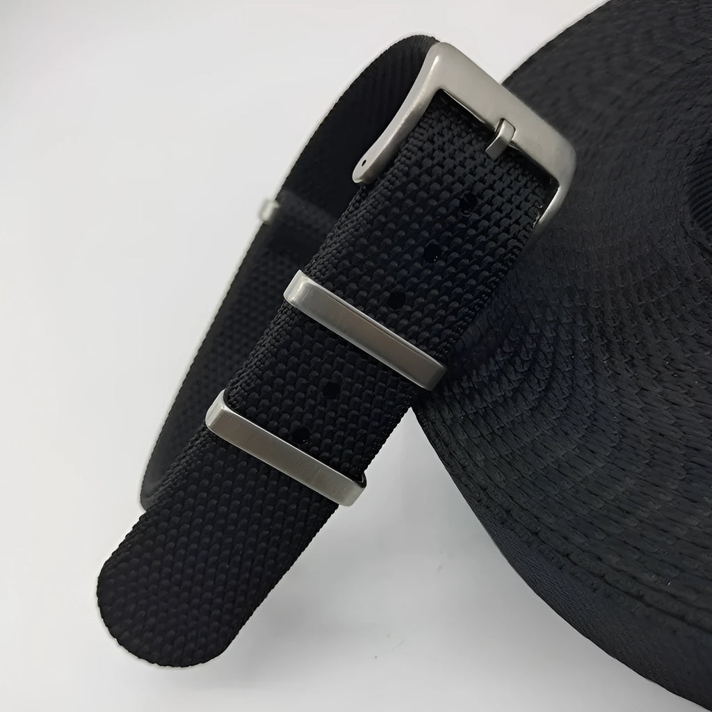 Nylon integrated watch strap shown in army green, demonstrating the 20mm width option.