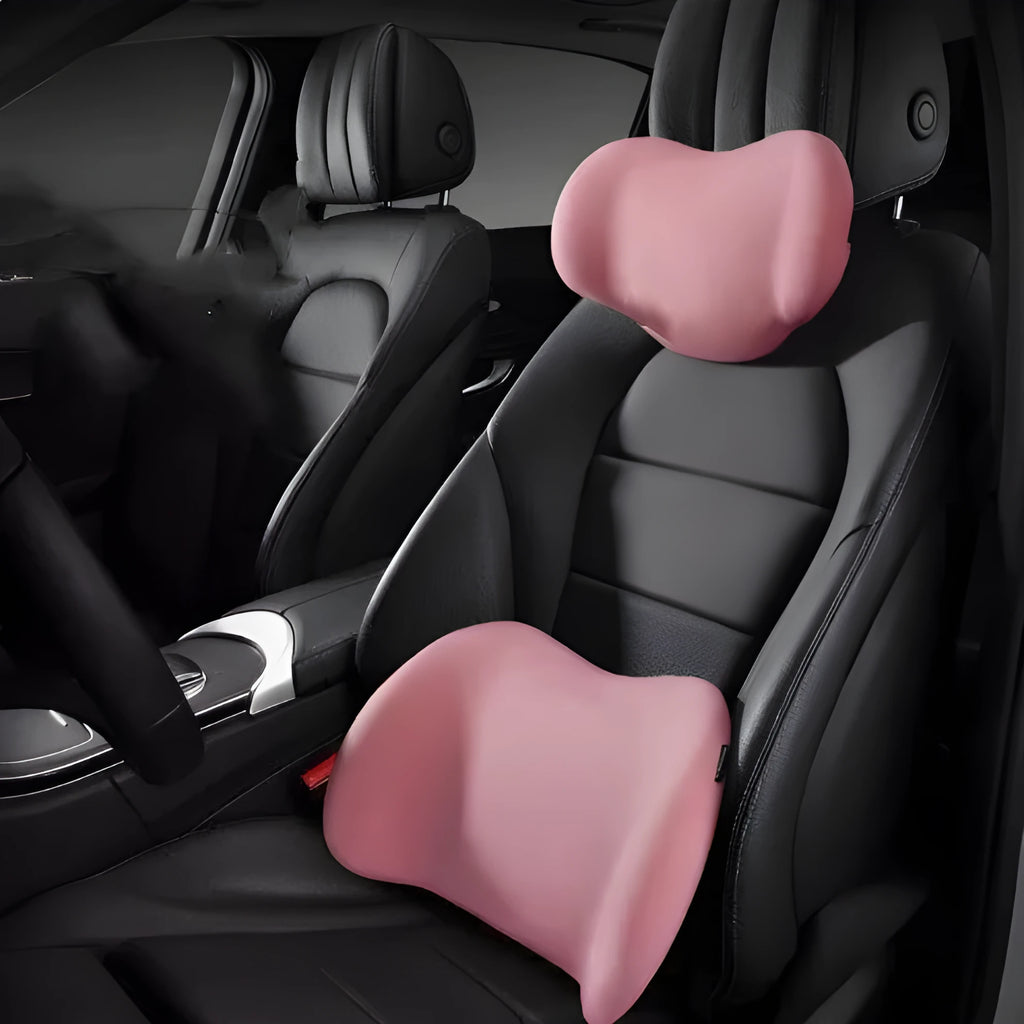 Car headrest neck pillow and lumbar cushion set with memory cotton filling in multiple colours