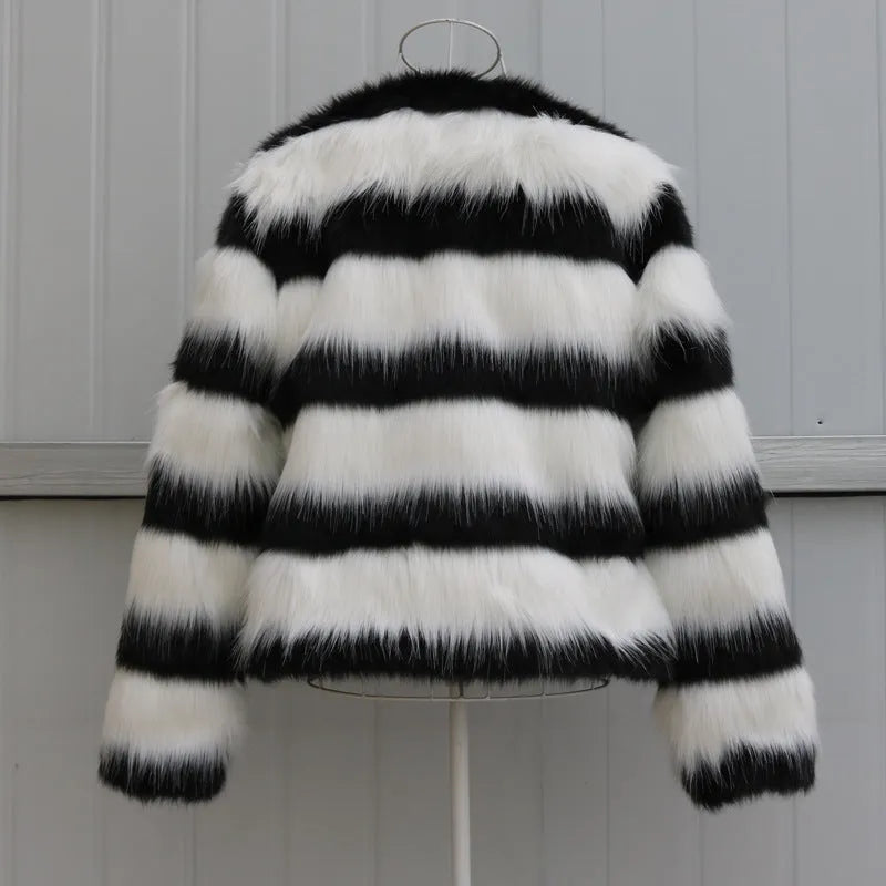 Black and white striped faux fur leather jacket for women with long sleeves