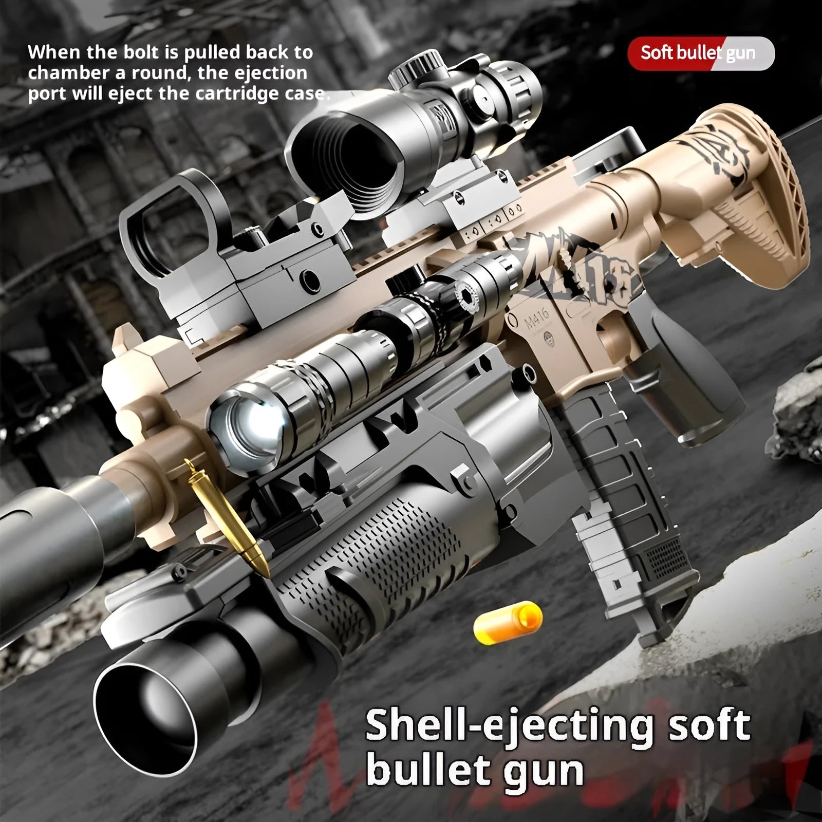 Manual bolt throwing shell soft bullet gun M416 sand colour plastic toy with accessories