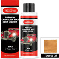 Premium Carnauba Wax car polish 100g tub with yellow microfiber towel on a white background