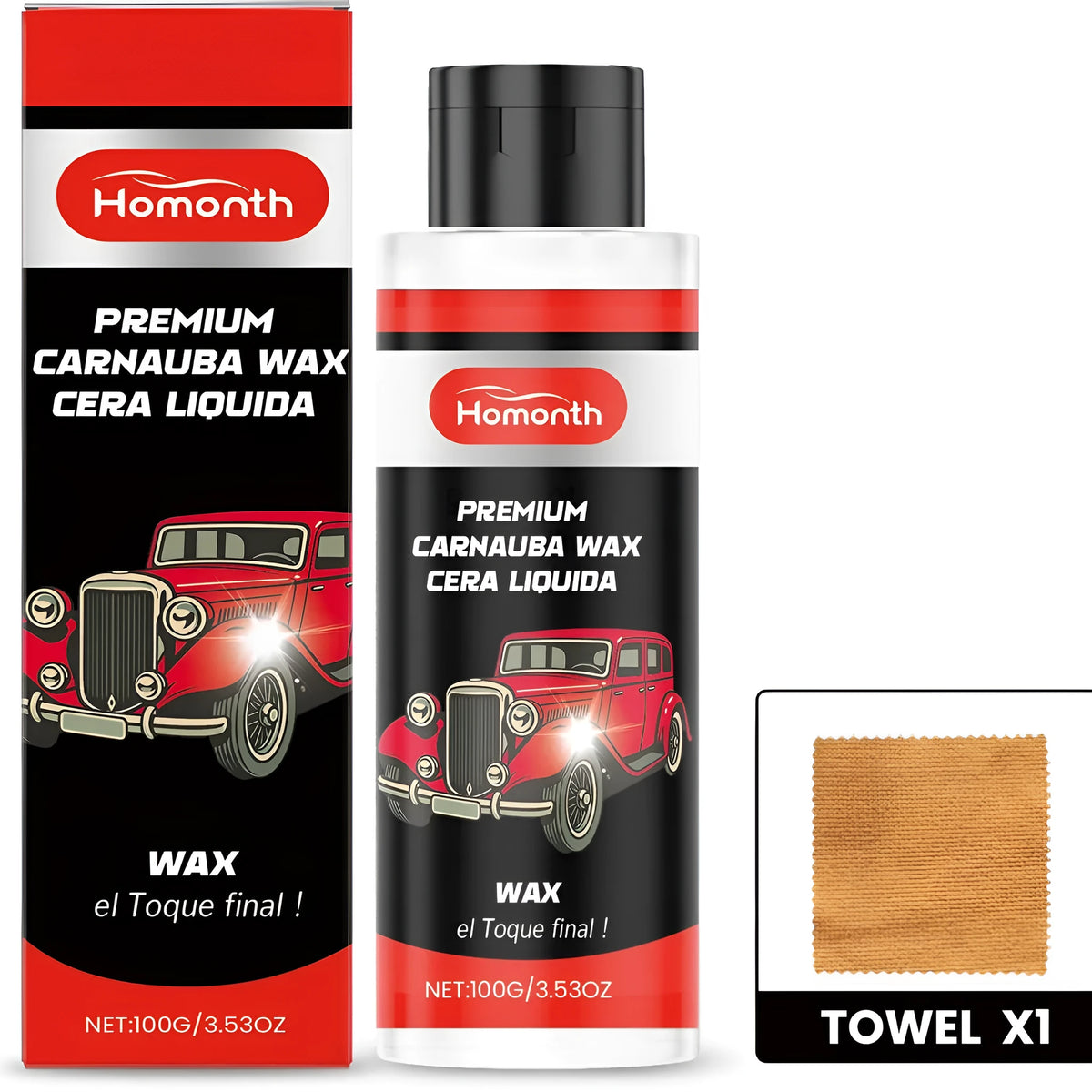 Premium Carnauba Wax car polish 100g tub with yellow microfiber towel on a white background
