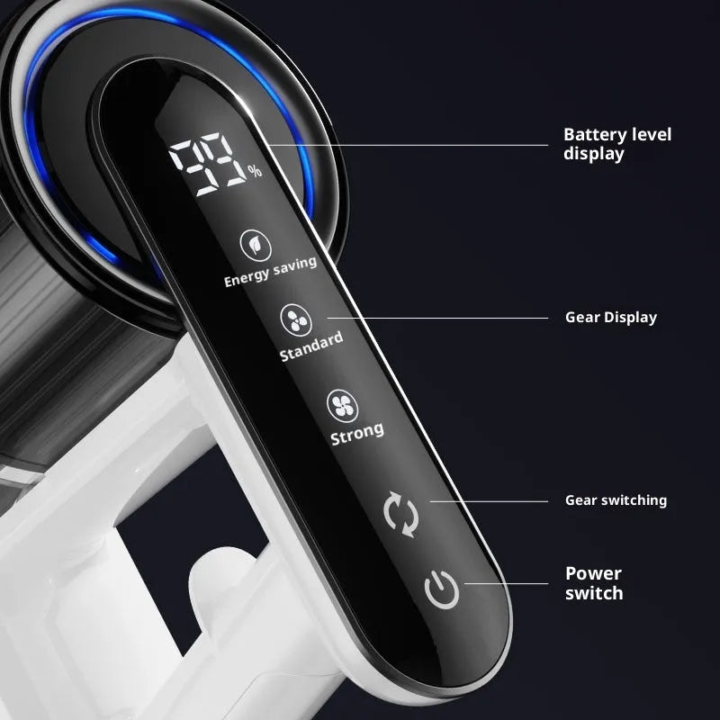 Light gray household wireless handheld folding tube vacuum cleaner with lighting function on a flat surface
