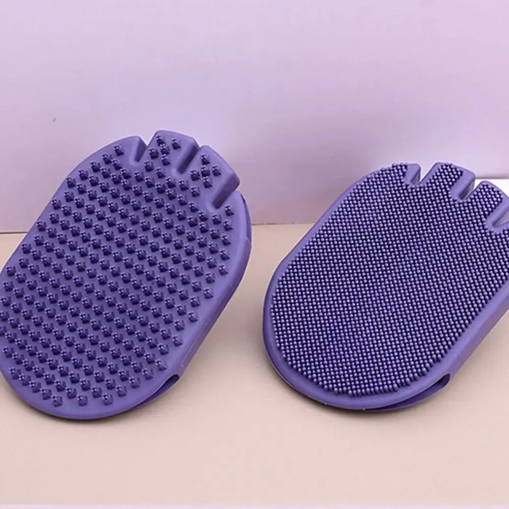 Purple dual-sided TPR pet massage and shampoo brush for dogs and cats.