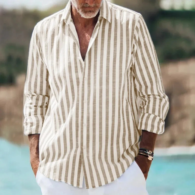 Men's loose-fit short sleeve plaid shirt with a lapel, shown in a casual style.