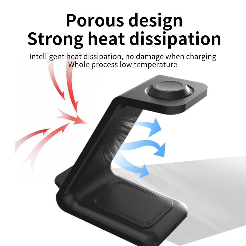 Black and white 3-in-1 upright wireless phone charger stand on a desk.