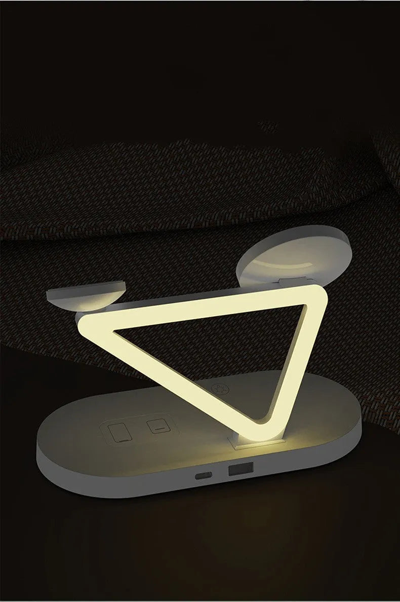 Black wireless charging station showing phone, Apple Watch and AirPods case charging simultaneously