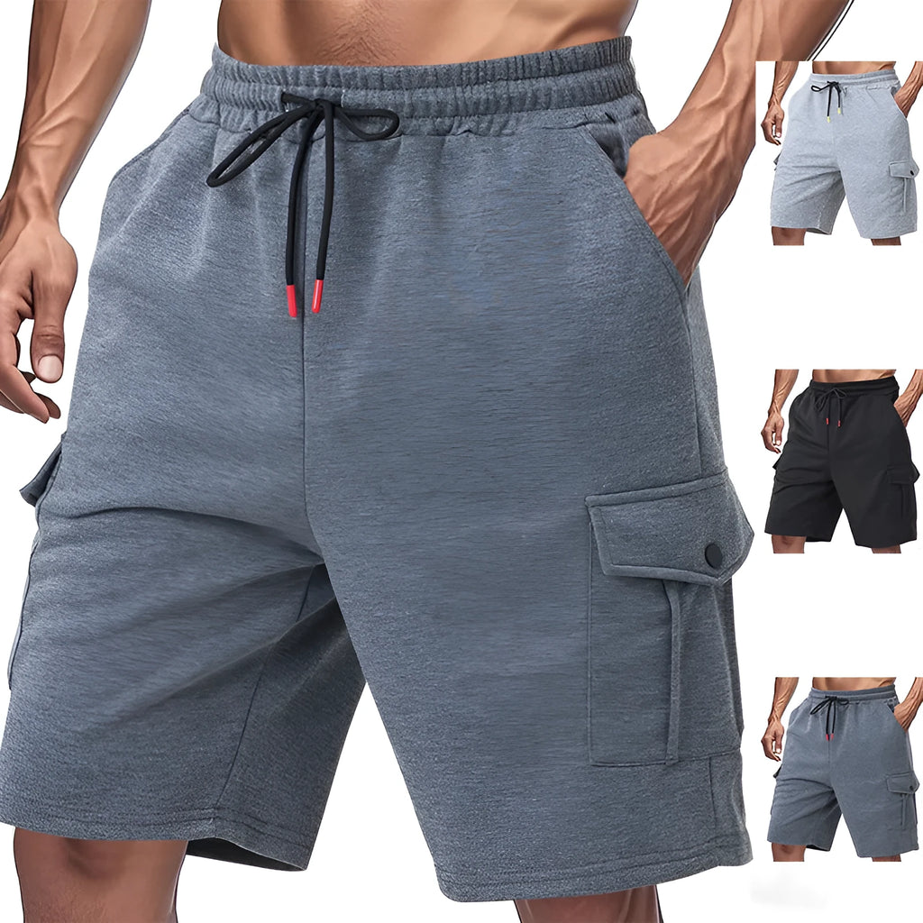 Heavy fabric cargo shorts with multiple pockets in loose sports style showing light grey colour option