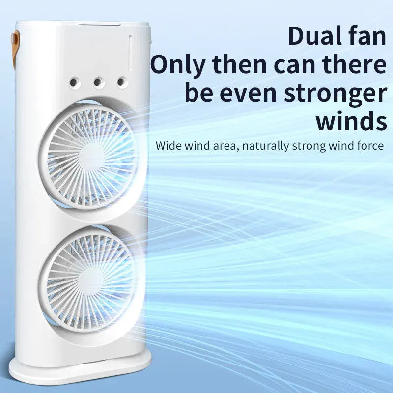 White portable air cooler with double fan design and humidifying spray function
