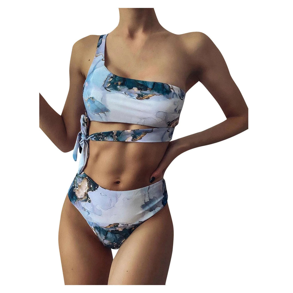 Women's marble tie-dye high-waisted bikini set with U-neck top for swimming sports