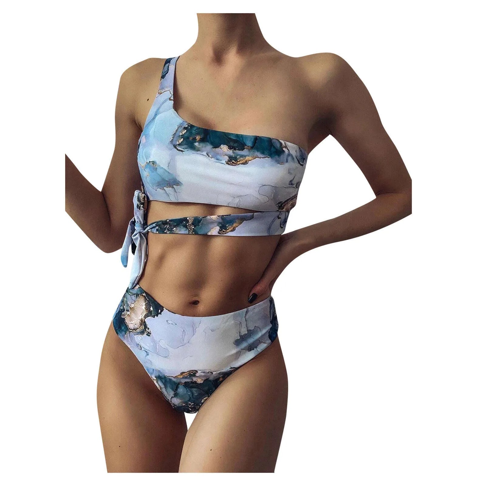 Women's marble tie-dye high-waisted bikini set with U-neck top for swimming sports