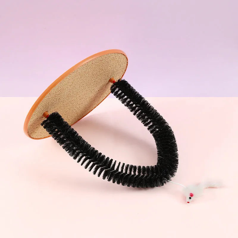 Black arch-shaped cat scratching post with anti-itch brush, non-slip base, and attached mouse toy