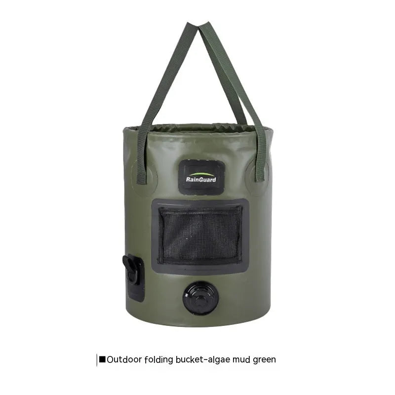 Lemon yellow plastic folding fishing bucket with a built-in mesh net pocket, shown collapsed and fully expanded.