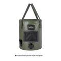 Lemon yellow plastic folding fishing bucket with a built-in mesh net pocket, shown collapsed and fully expanded.