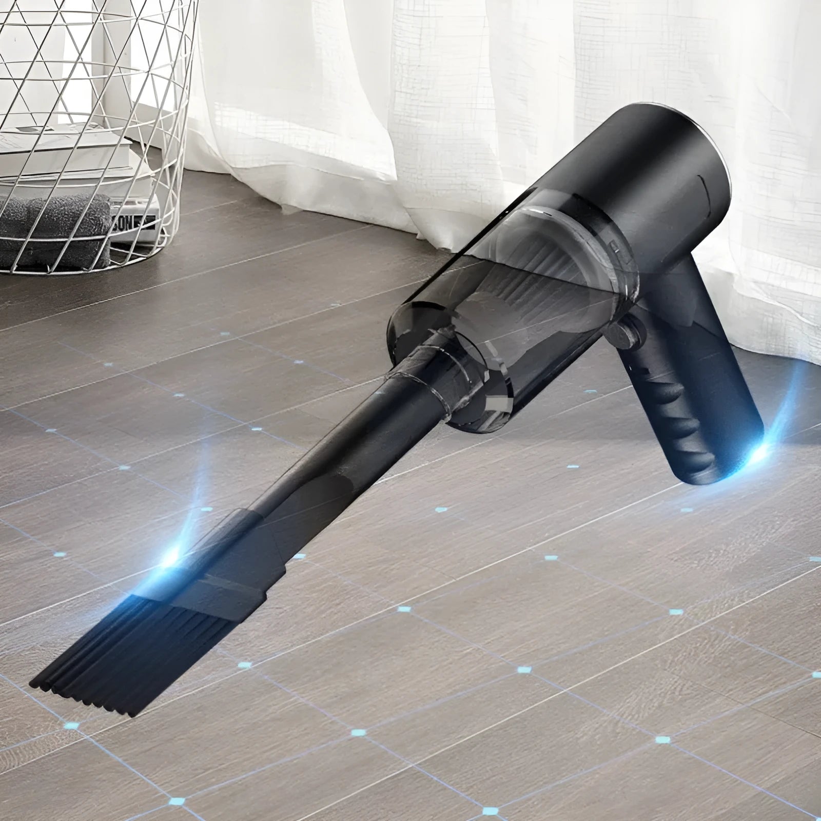 Black handheld wireless car vacuum cleaner with USB charging cable for portable interior cleaning