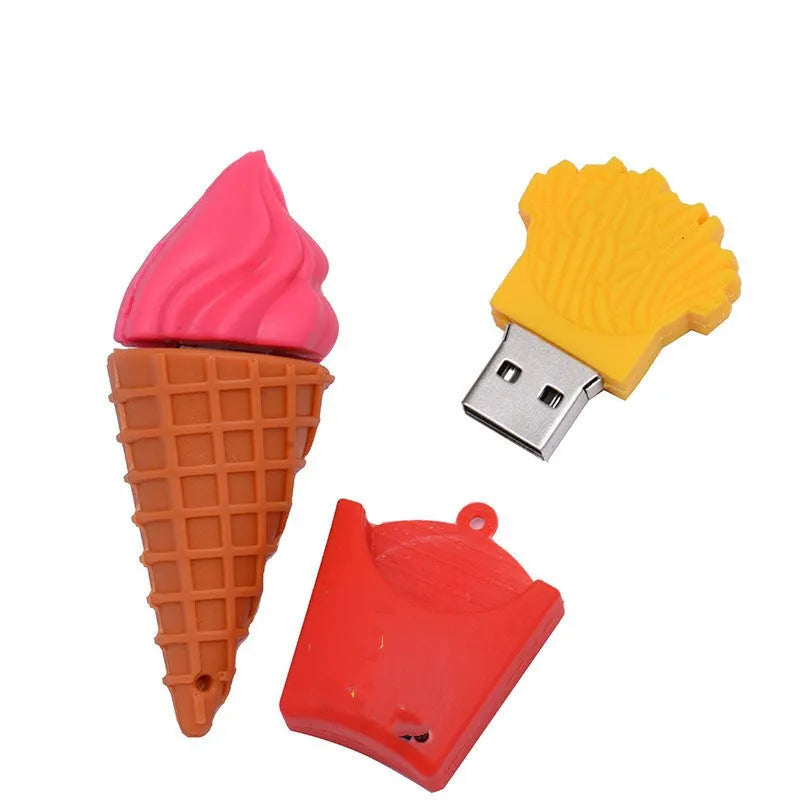 Mini ice cream shaped USB flash drive in pink colour on a plain background.