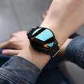 Black and grey smart watch with rubber strap showing fitness tracking data on its screen.