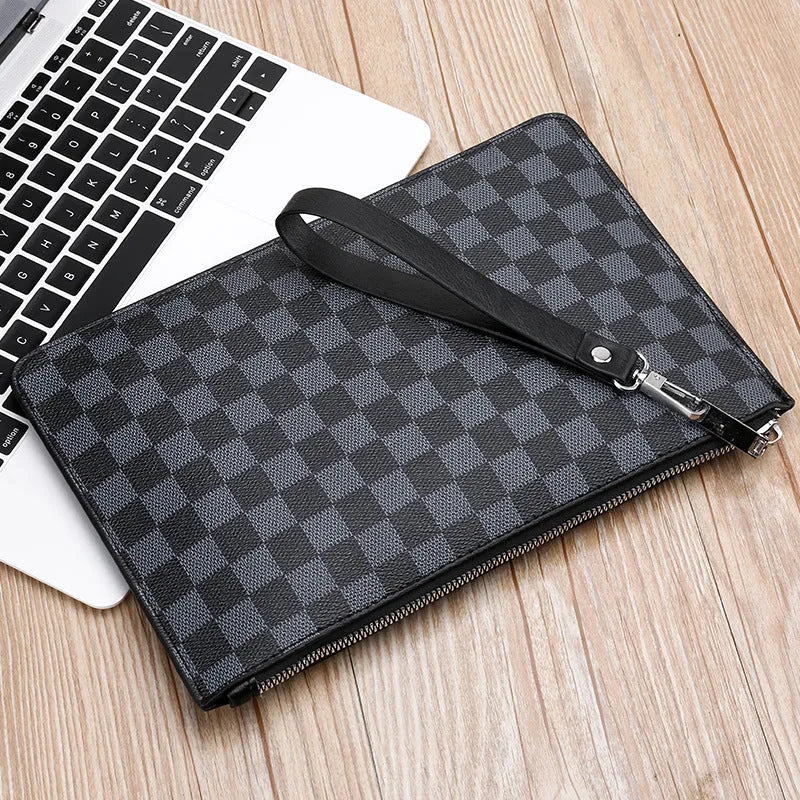 Men's soft black plaid PU leather clutch wallet open to show six card slots and a zipper pocket.