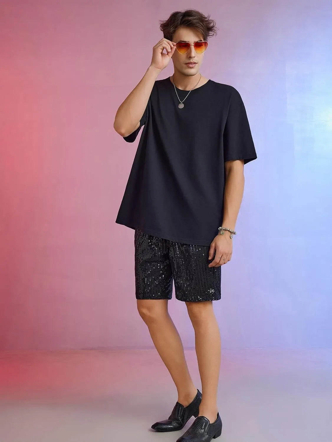 Men's silver sequin straight cut cotton blend shorts with elastic waistband