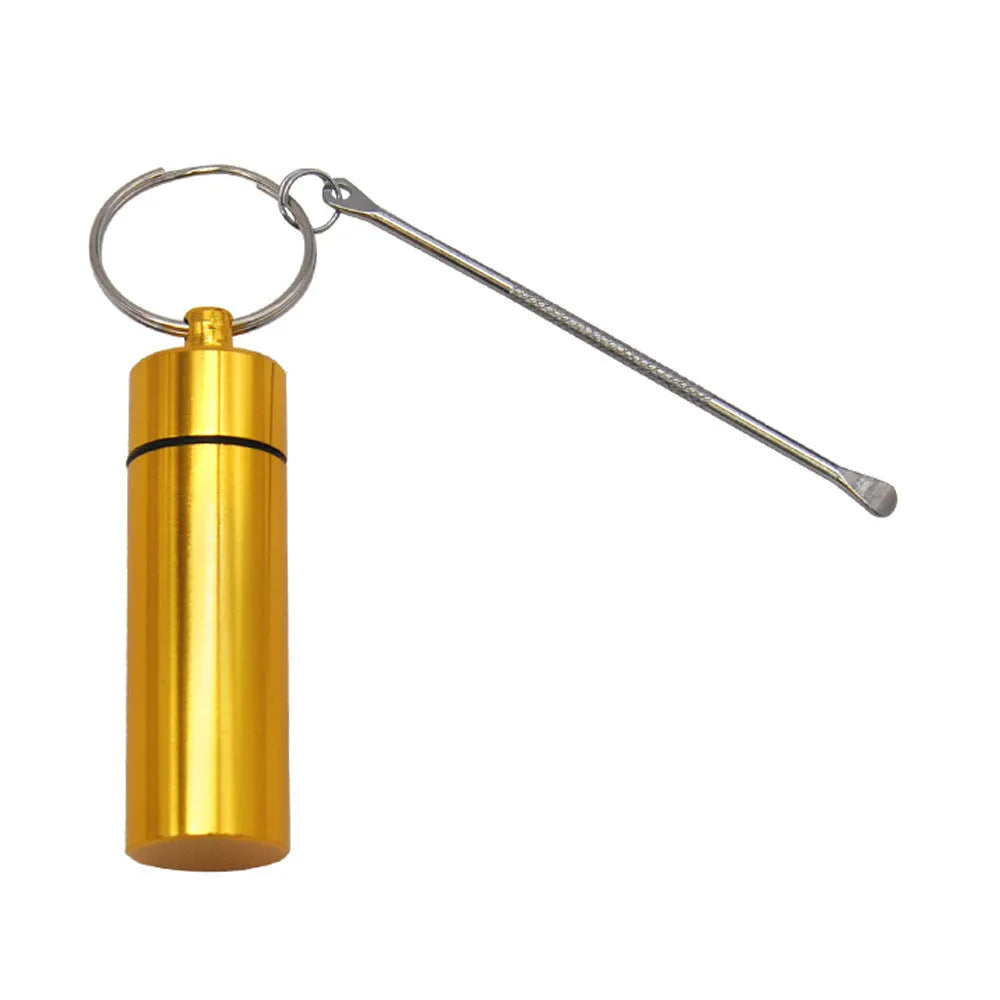 Aluminium portable pill storage bottle with keychain loop in one of five colour options: black, blue, gold, green, or red.