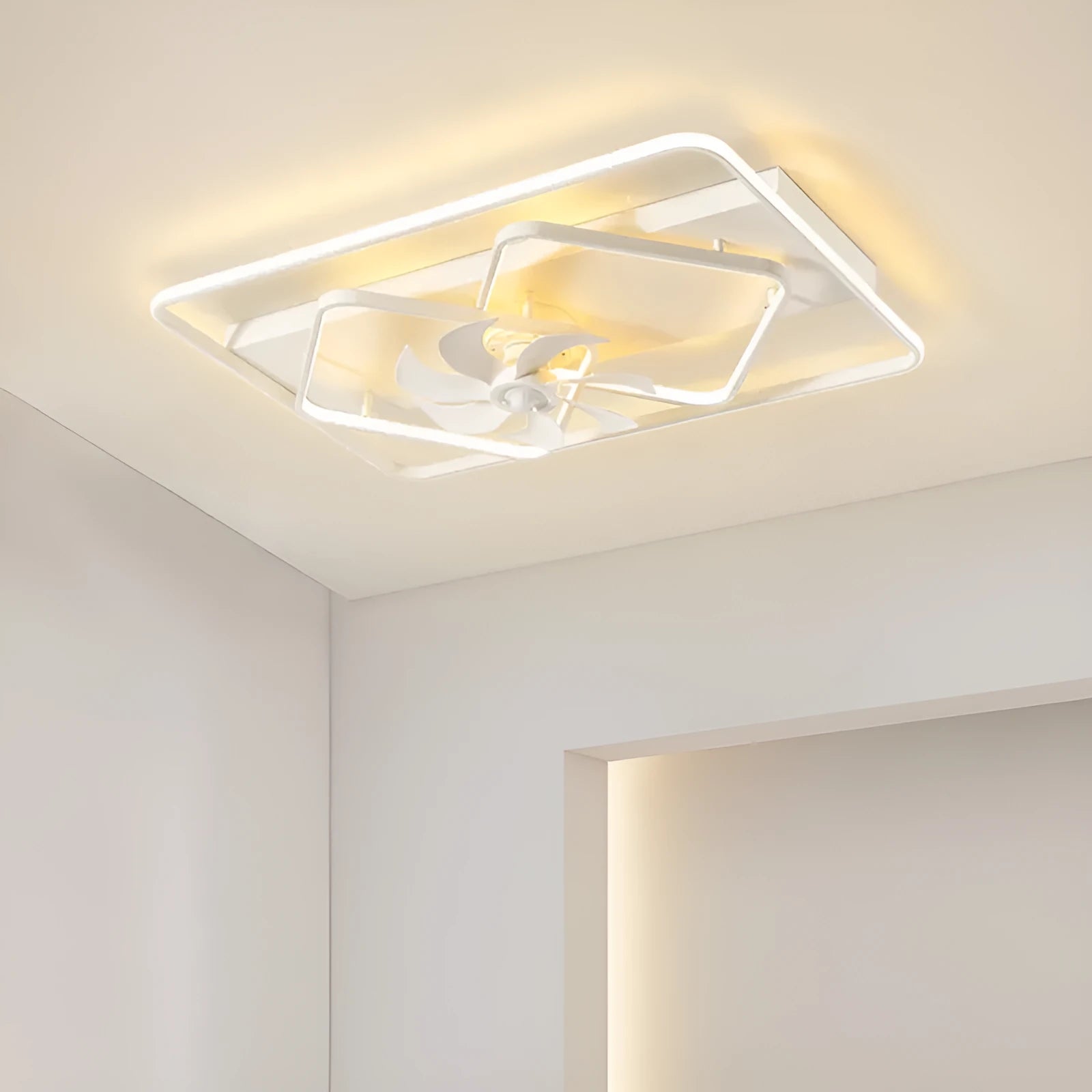 Modern ceiling fan light with plastic blades and acrylic lampshade showing thin suction mounting profile