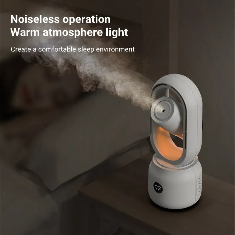 White bladeless USB rechargeable table fan with water tank and digital controls on a desk