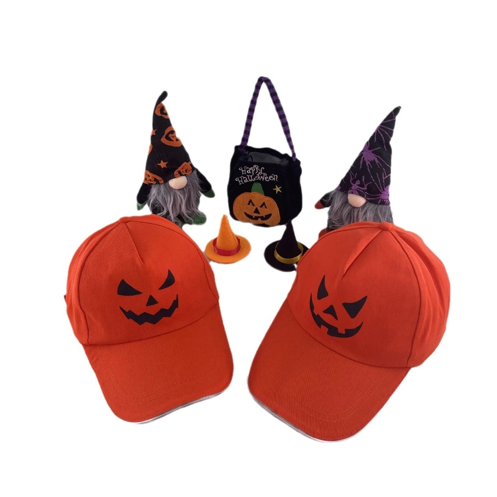 Halloween LED light-up baseball cap showing pumpkin smile yellow light pattern on a black cloth cap with adjustable strap.