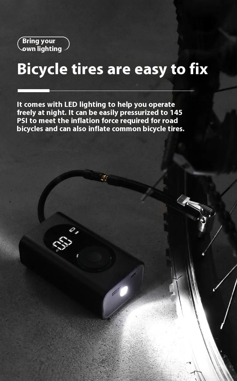 Portable handheld tyre inflator pump with digital display, USB cable, power bank, and built-in torch