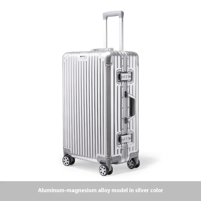 Alloy trolley case luggage with metal frame, universal wheels, solid colour, available in multiple sizes