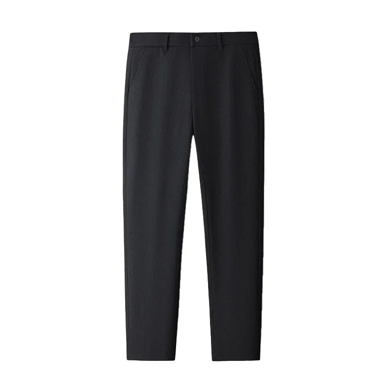 Men's fleece-lined casual trousers in black and navy blue, sizes 29-40, mid-waist with zipper fly