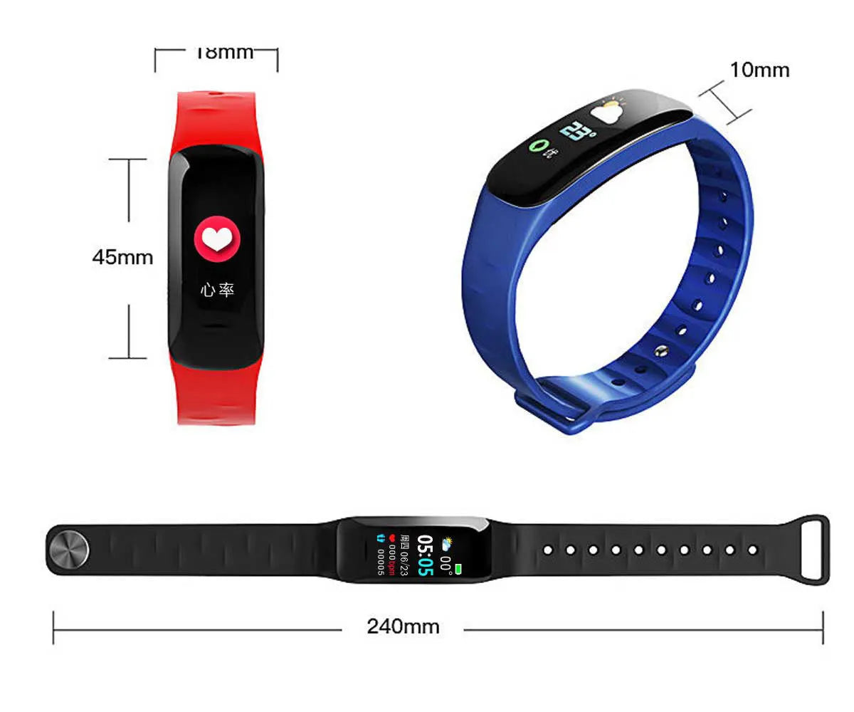 C1plus Smart Bracelet with 0.96 inch touch screen and TPU wristband, black colour, step counting display