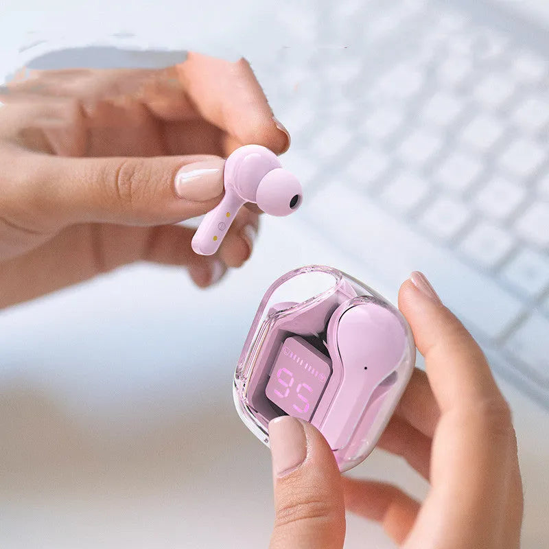 LED Power Digital Display Mini Wireless Bluetooth Headset in selected colour with charging case and accessories.