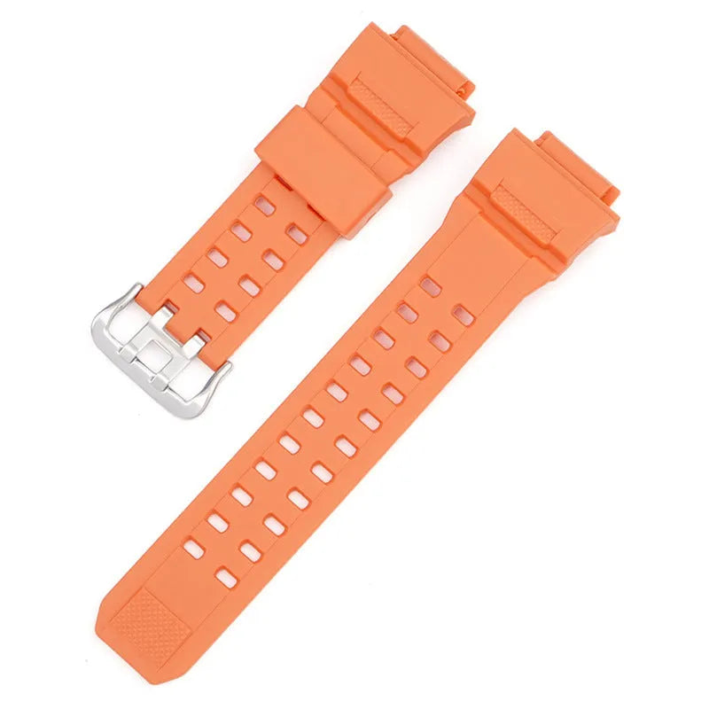Camouflage pattern TPU rubber watch strap with silver buckle for G-Shock-style watches.