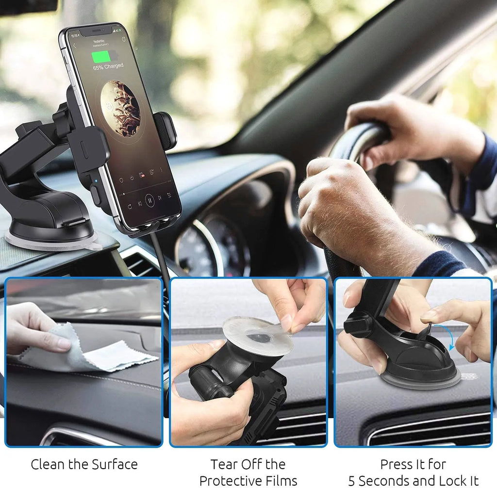 Black bare metal car wireless charging stand with 15W fast charging, shown with dashboard tripod and air vent clip mounting styles.
