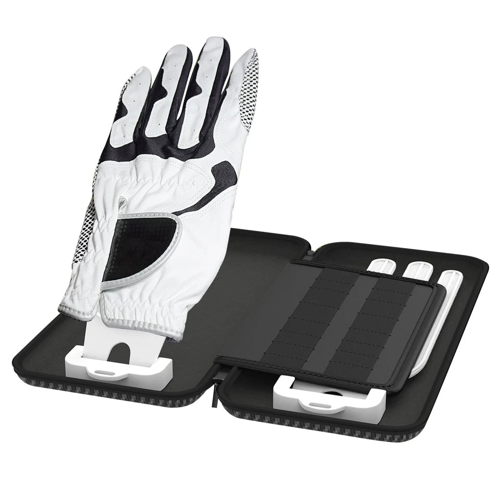 Silver grey golf double glove storage bag with two internal brackets and included storage box